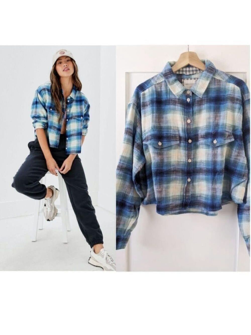 NWT AE | Cozy Cropped Flannel Shirt in blue plaid